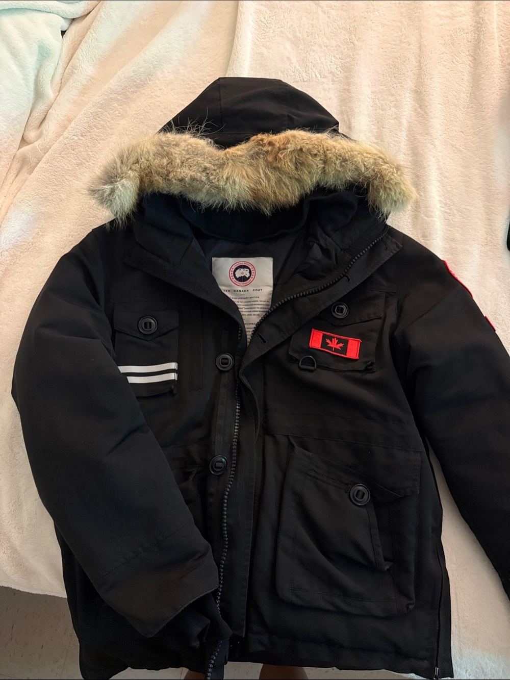 Canada Goose Mens Black Hooded Puffer Jacket with Fur Trim